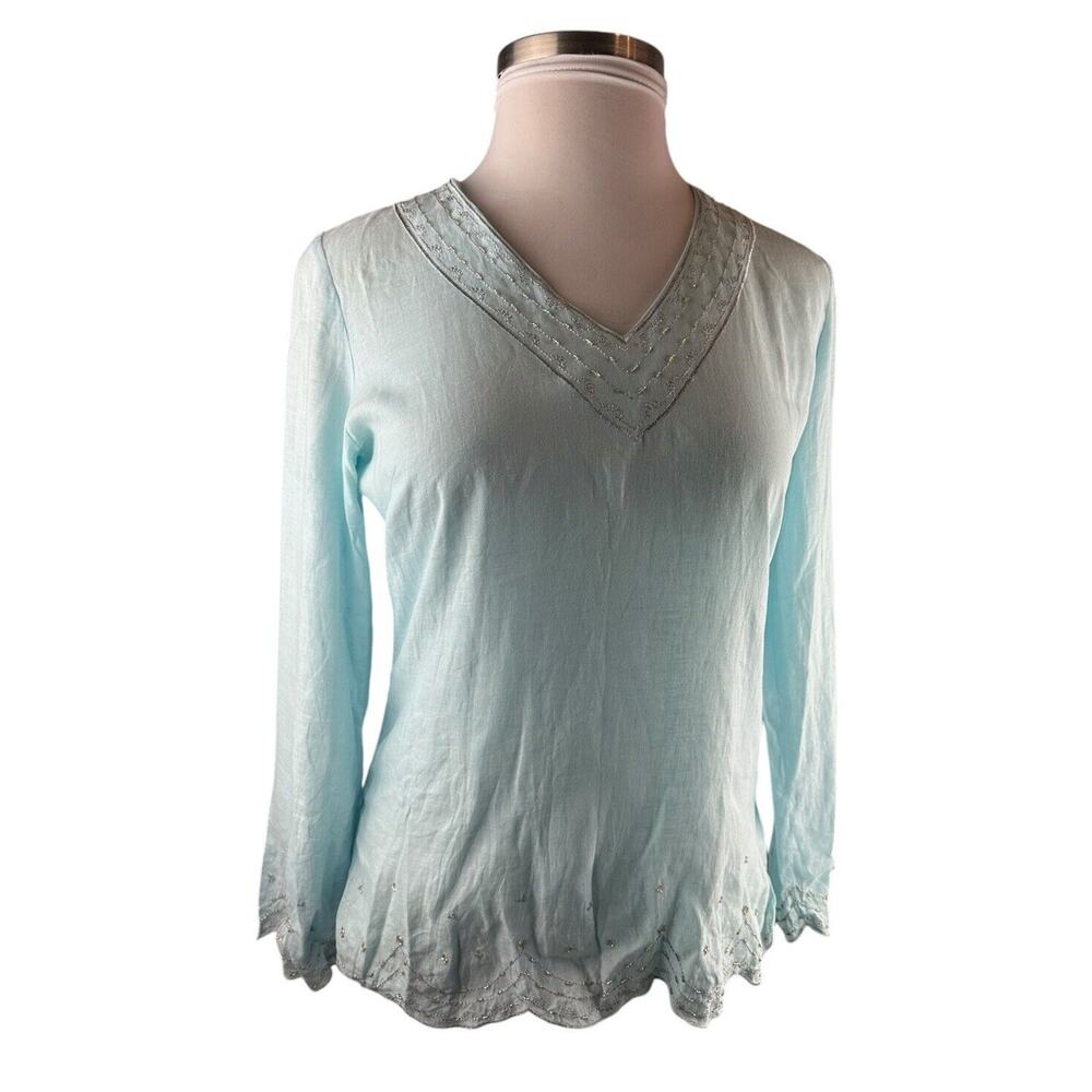 ✨2/$20 Flawed Lilly Pulitzer Linen Beaded Blouse Light Blue Top Small H11153 - Picture 2 of 16